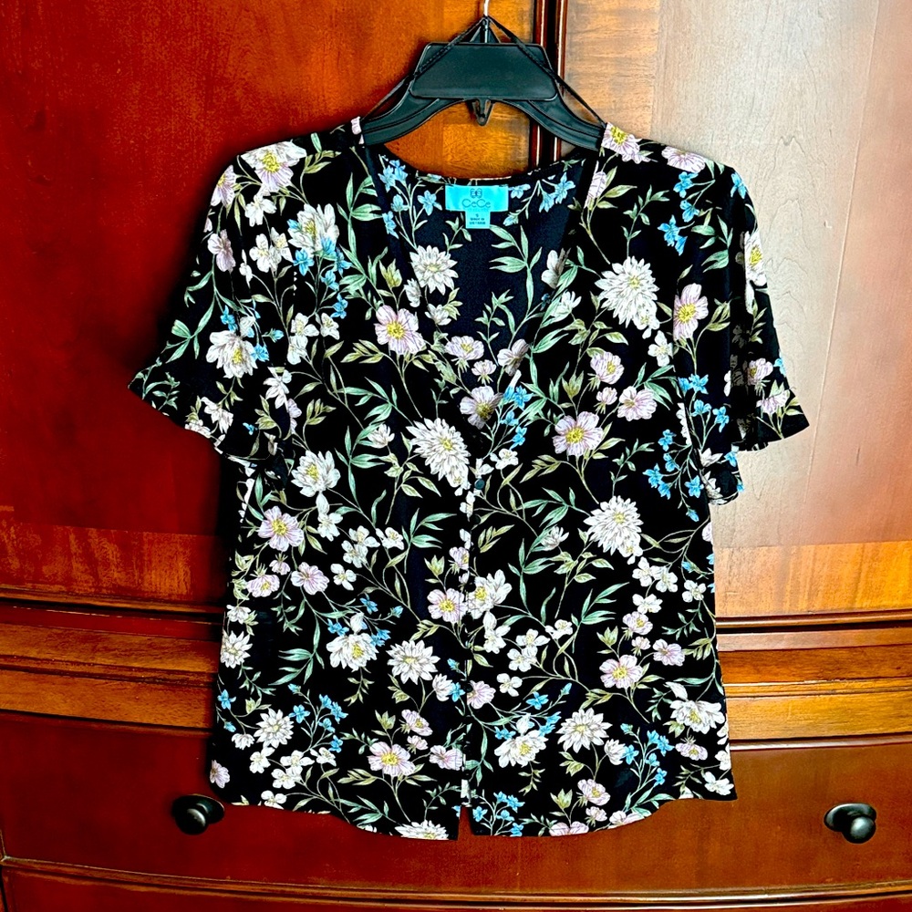 Cece Black Floral Blouse with White, pink, blue and Green Accents